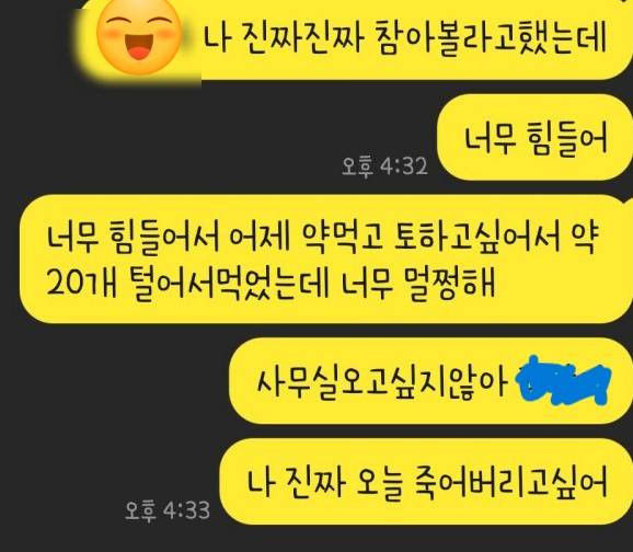 나 자살시도 하기 전에 친구한테 카톡한거 봐봐 ㅋㅋㅋ 진짜 벅찬거 보인다 | 인스티즈