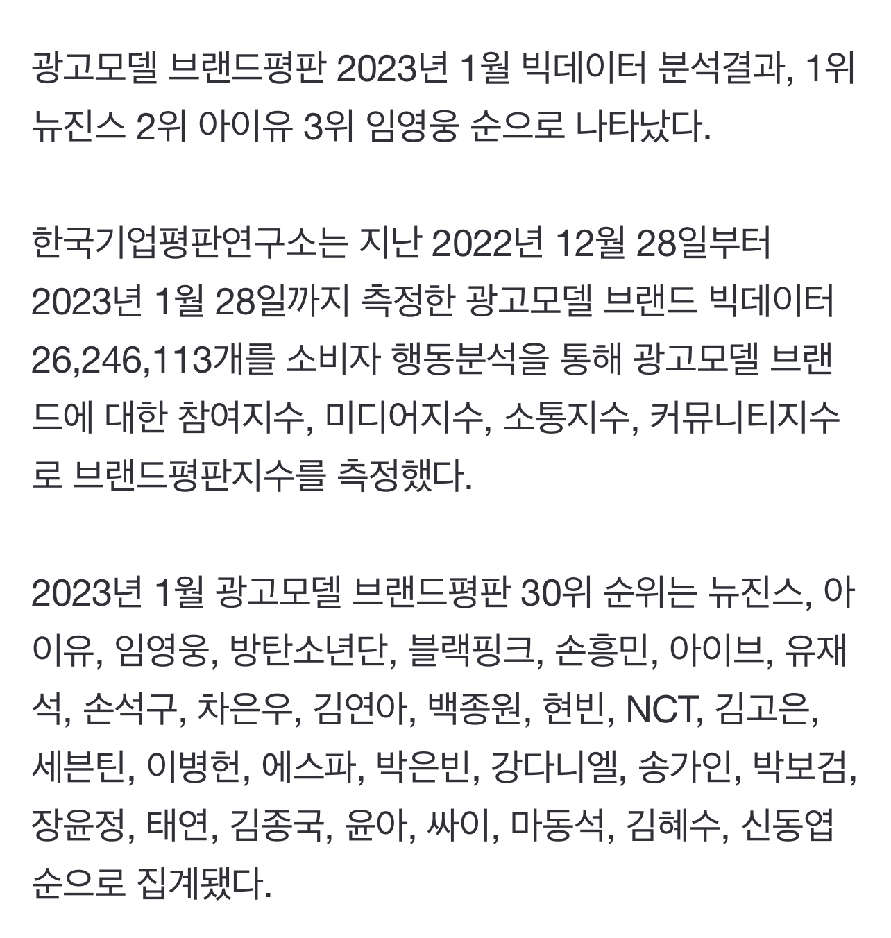 [잡담] 광고모델 브랜드평판 뉴진스 아이유 임영웅 ❤️❤️ | 인스티즈