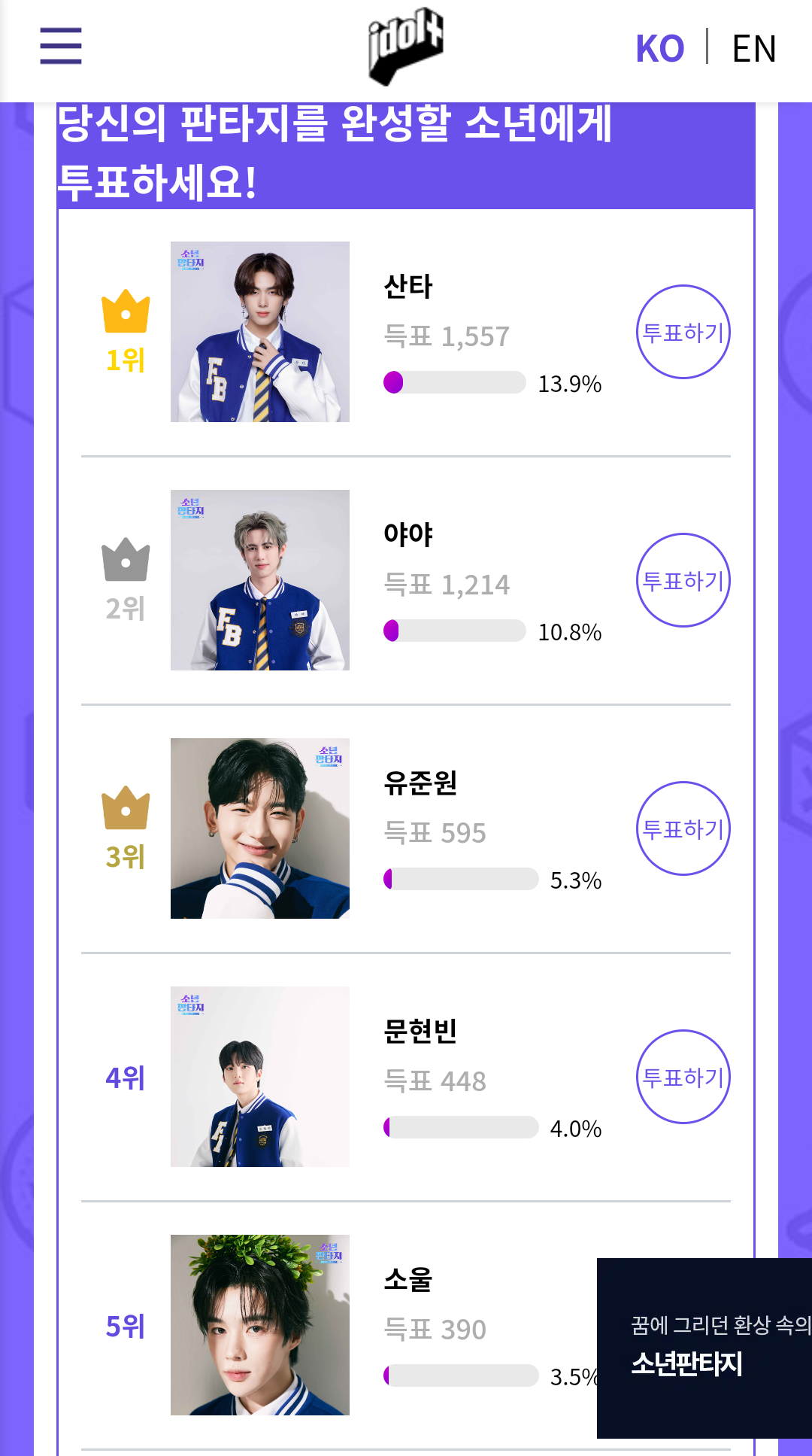 [잡담] 소년판타지 투표 아이돌플러스 순위 (1~10위) | 인스티즈