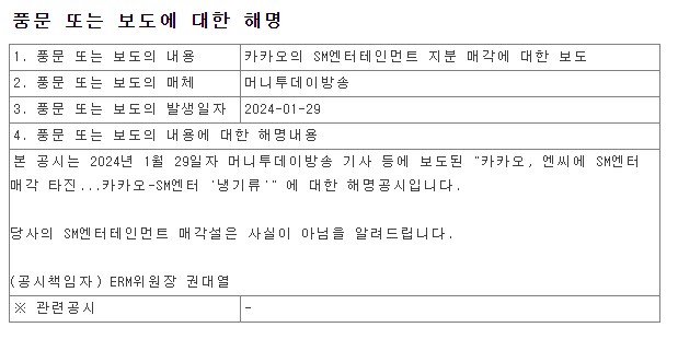 [정보/소식] 카카오 SM엔터 매각설 사실 아니라고 공시함 | 인스티즈