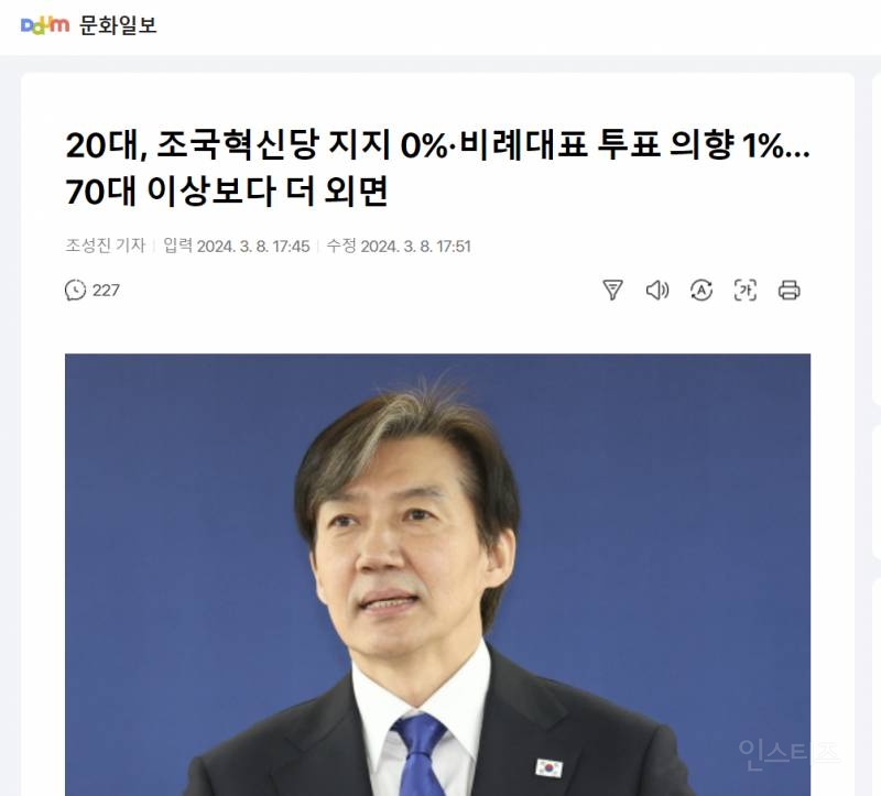 20대, 조국혁신당 지지 0%·비례대표 투표 의향 1%…70대 이상보다 더 외면 | 인스티즈