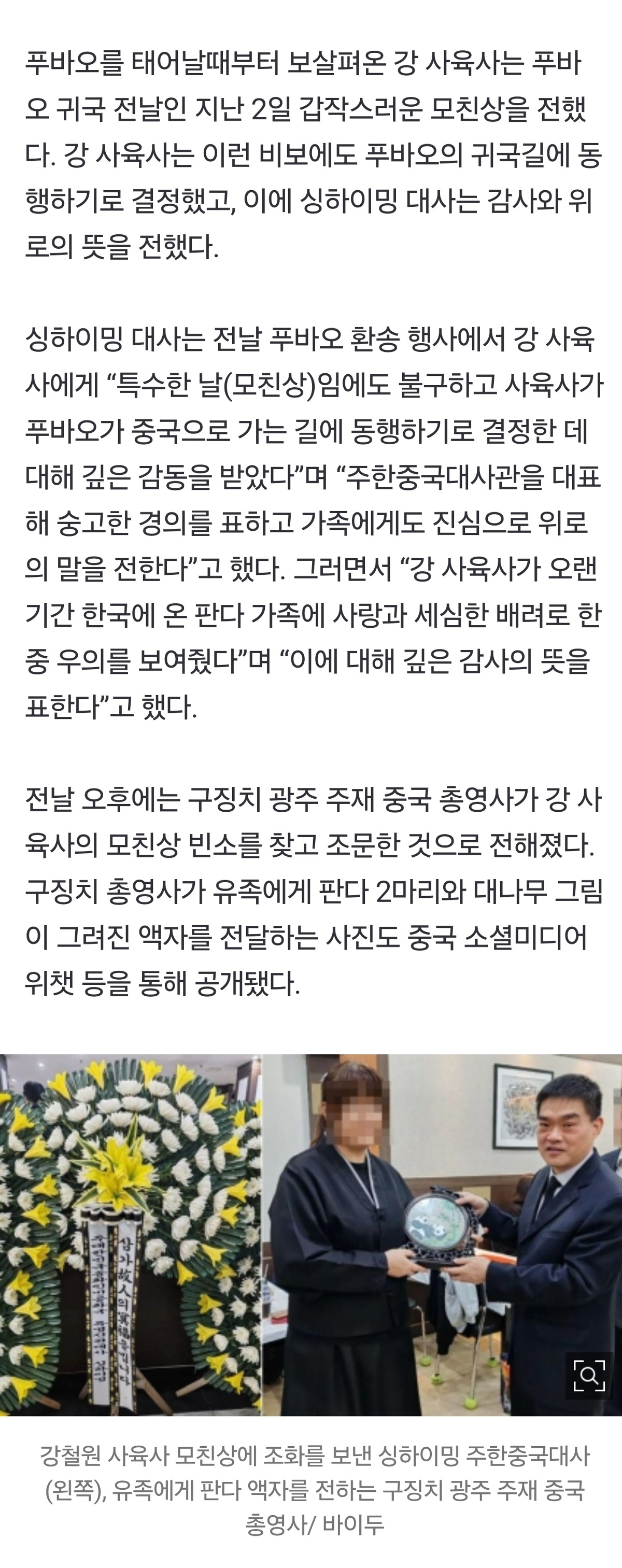 [정보/소식] 싱하이밍 中대사, '푸바오 할부지' 강철원 사육사 모친상에 조화 보내 | 인스티즈