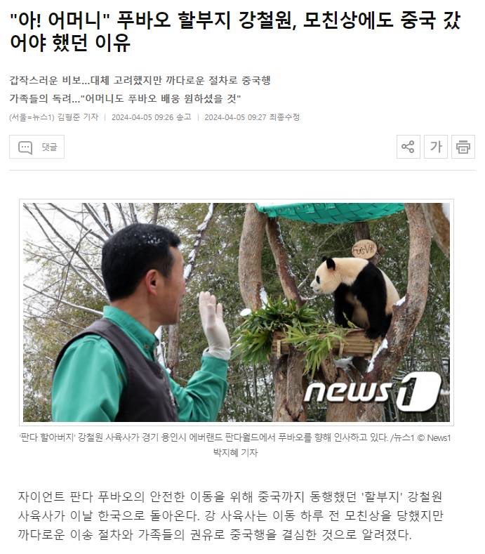 푸바오 할부지 강철원, 모친상에도 중국 갔어야 했던 이유 | 인스티즈