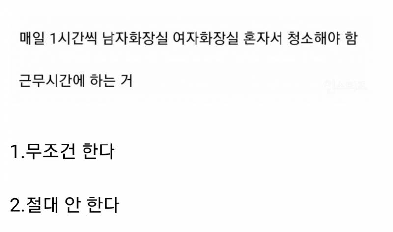 [잡담] 회사에서 월급 50만원 더 줄테니까 매일 화장실 청소 할 수 있는지 물어보면 어떻게 할거야? | 인스티즈