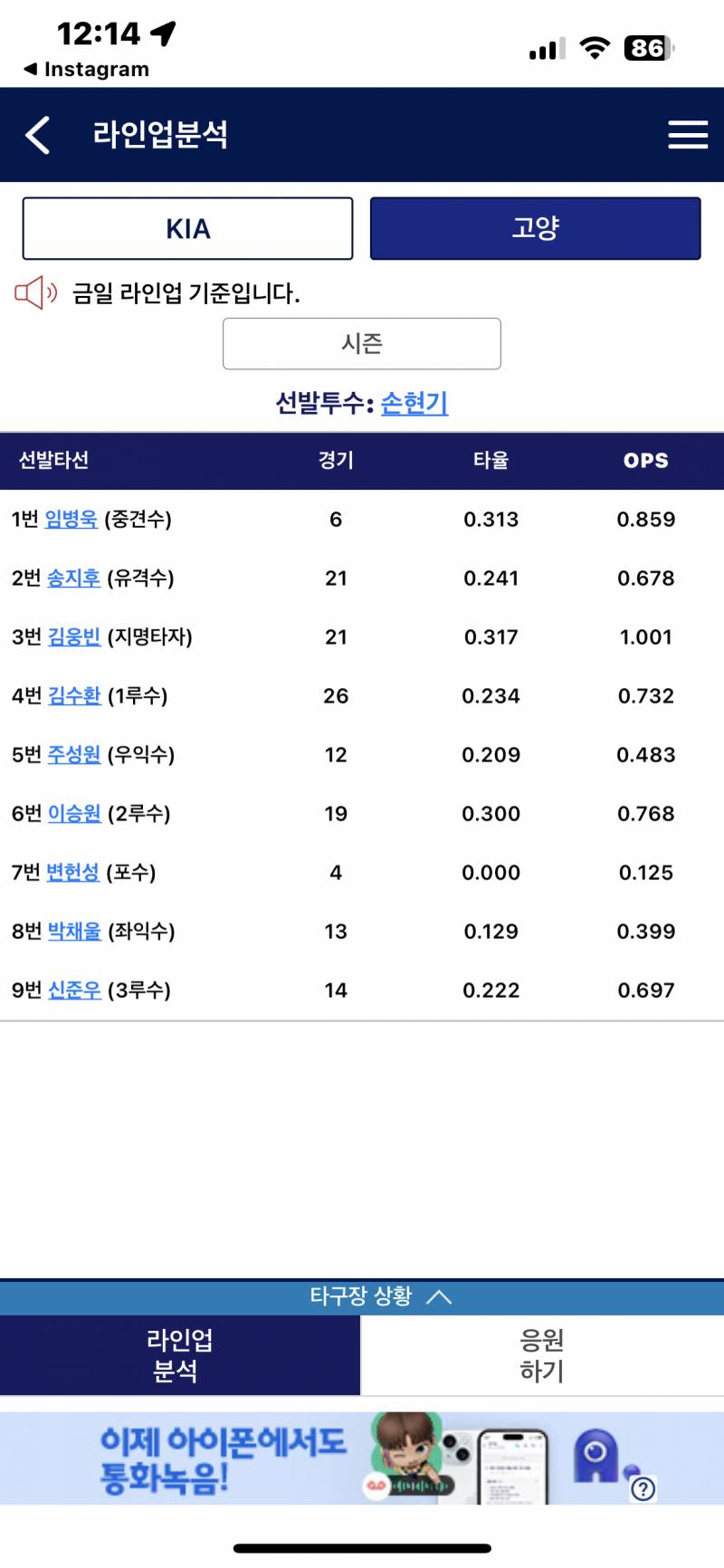 [잡담] 오늘 현기 선발에 임뱅 1번타자! 헐 지후 유격수 | 인스티즈