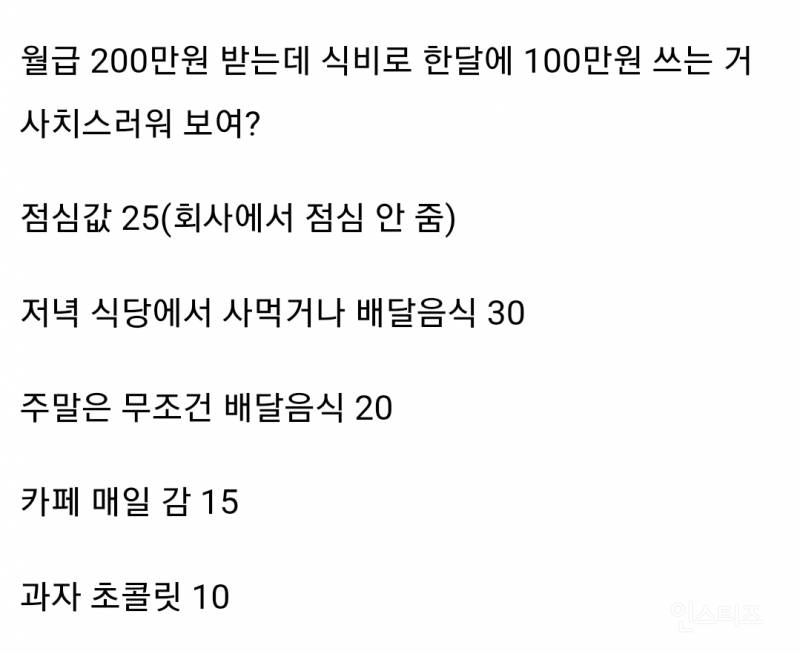 월급 200만원 받는데 식비로 한달에 100만원 쓴다는 직장인.jpg | 인스티즈