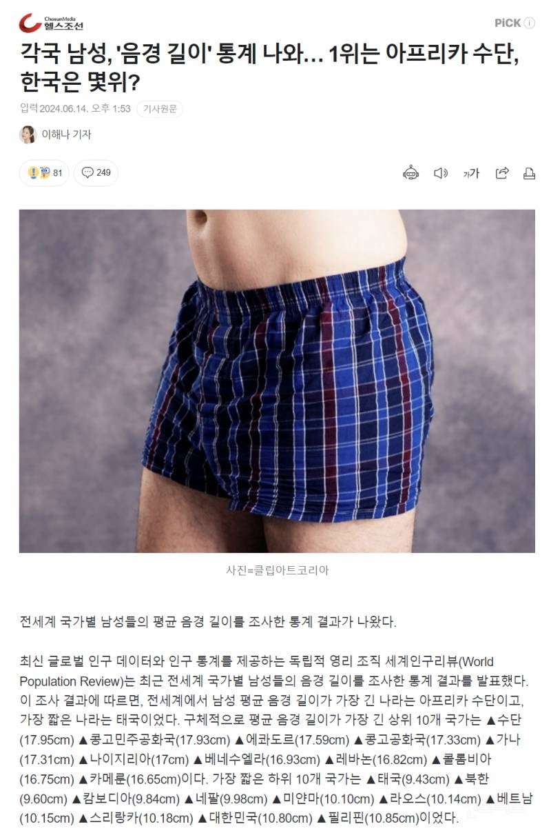 각국 남성, '음경 길이' 통계 나와… 1위는 아프리카 수단, 한국은 몇위? | 인스티즈