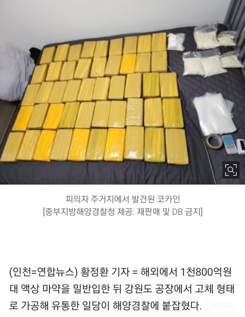 코카인 1800억원어치 밀반입해 국내서 가공…해경, 캐나다 마약 조직원 적발 | 인스티즈