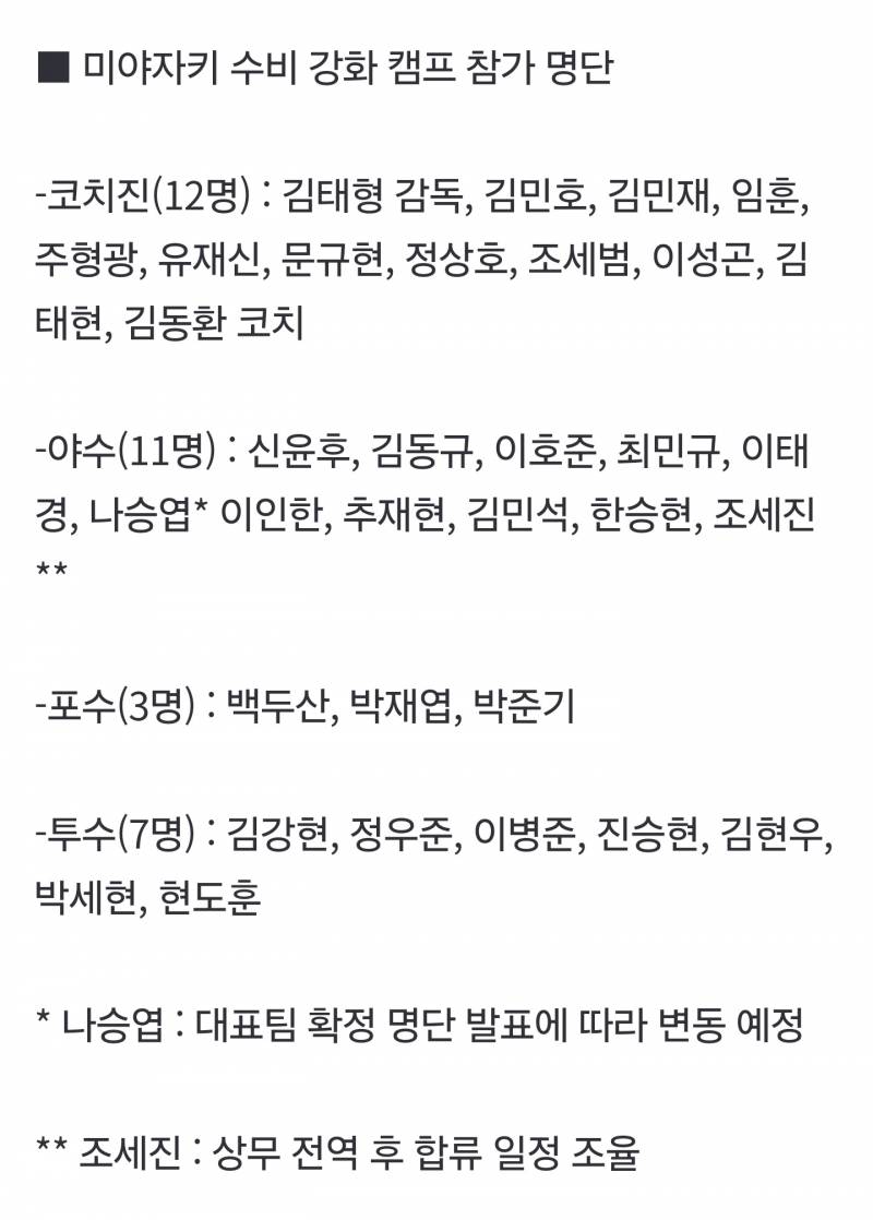 [잡담] 미야자키 캠프 참가 명단 + 훈련일정 | 인스티즈