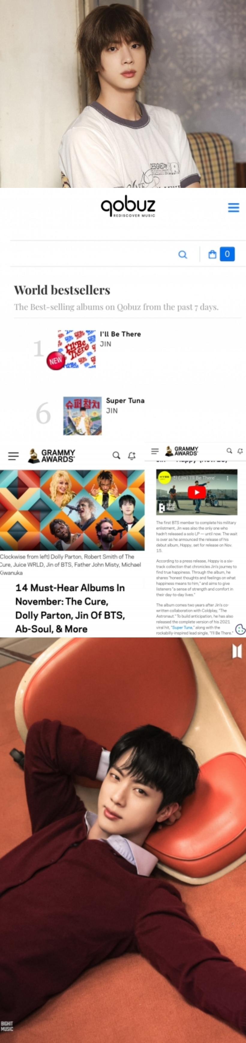 [정보/소식] 방탄소년단 진 'I'll Be There', 코부즈 월드 베스트셀러 1위..美그래미 '11월에 꼭 들어야 할 앨범' | 인스티즈