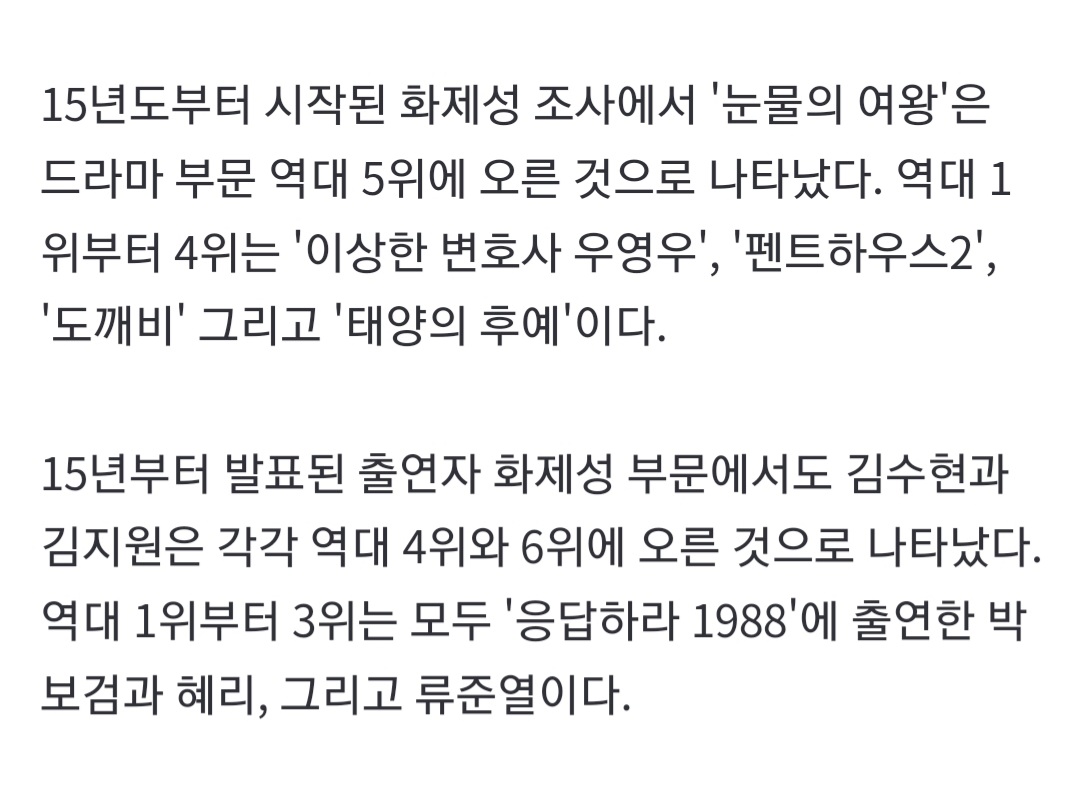 [잡담] 눈물의 여왕은 드라마 역대 화제성 top5 갤럽수치 tvN 전체 1위 | 인스티즈