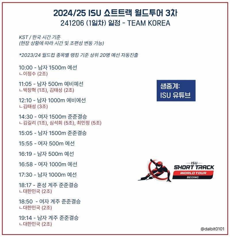 [잡담] 🐯24/25 쇼트트랙 월드투어 3차 1일차 달글⛸️🇰🇷 | 인스티즈