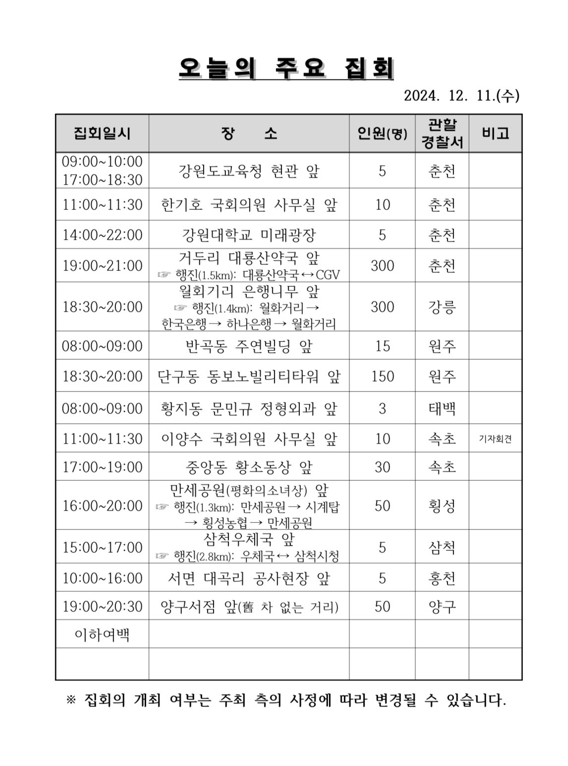 [잡담] 오늘 강원도 집회 일정 | 인스티즈