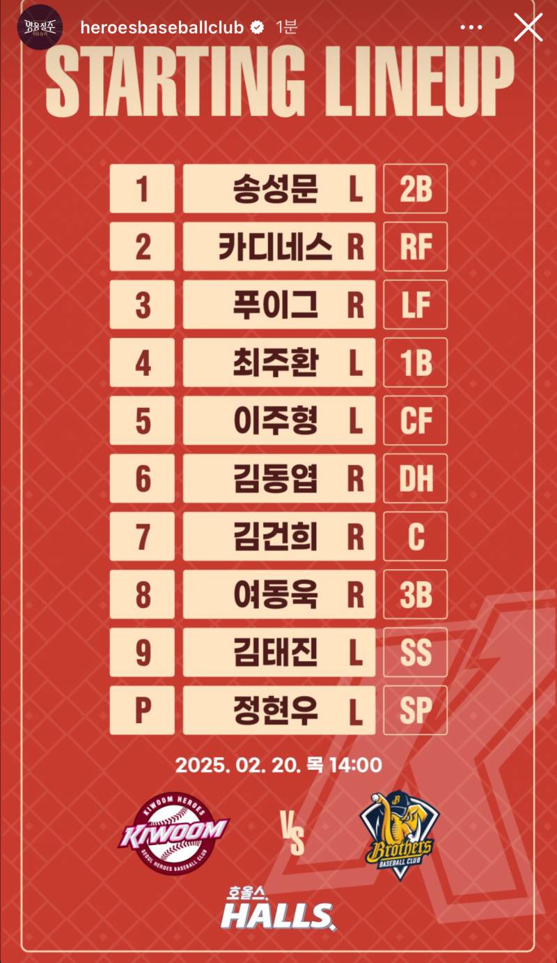 [정보/소식] 2월 20일 연습경기 라인업 | 인스티즈