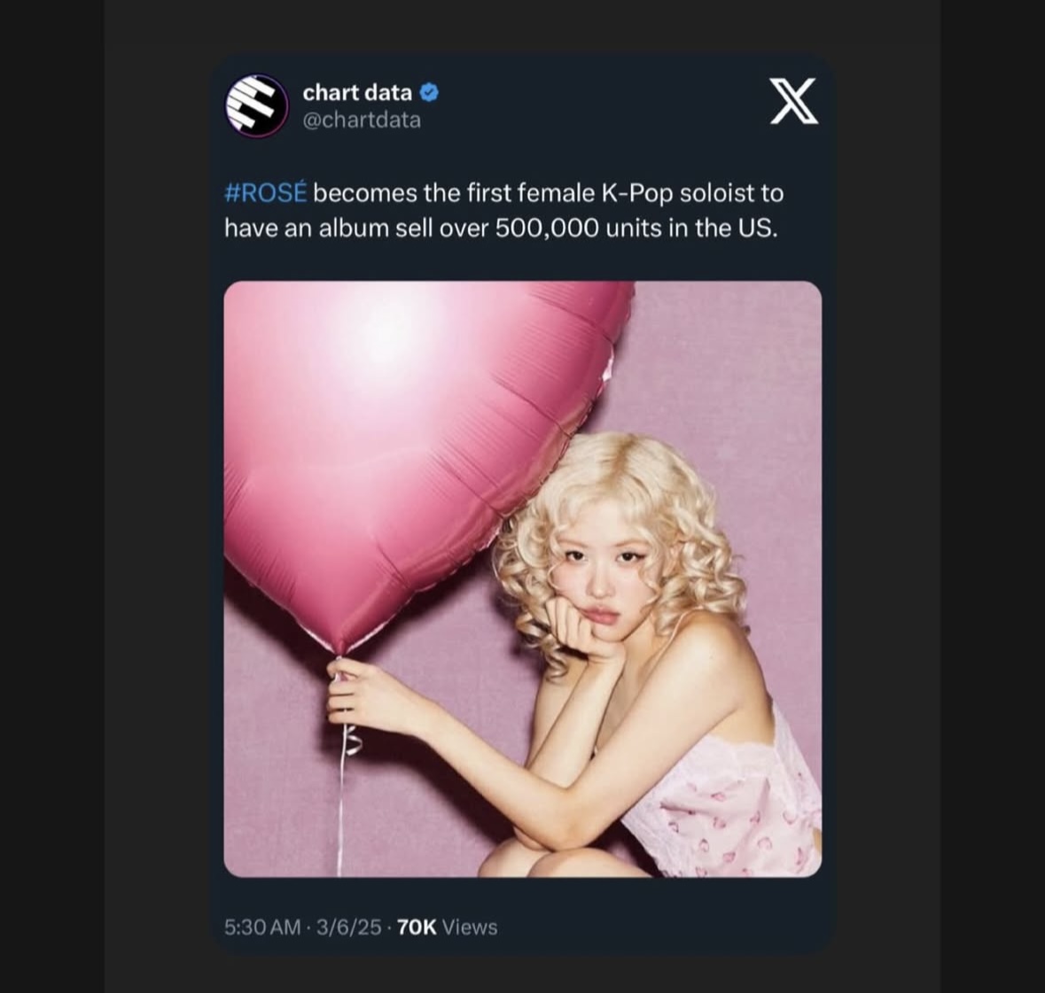 [정보/소식] k-pop 여자솔로 최초 50만장 이상 미국음반 판매 신기록 달성된 로제 | 인스티즈