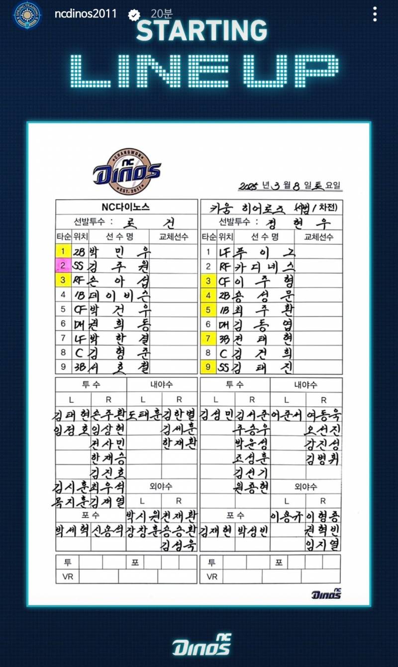 [잡담] 오늘 시범 경기 라인업 | 인스티즈