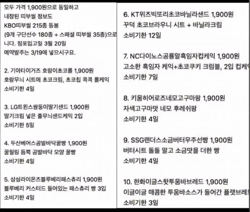 [잡담] Kbo 구단별 리스트 빵이래 | 인스티즈