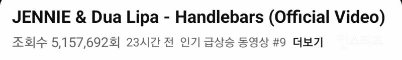 유튜브 인급동 9위로 진입한 제니 feat.두아리파 - Handlebars 뮤직비디오 | 인스티즈
