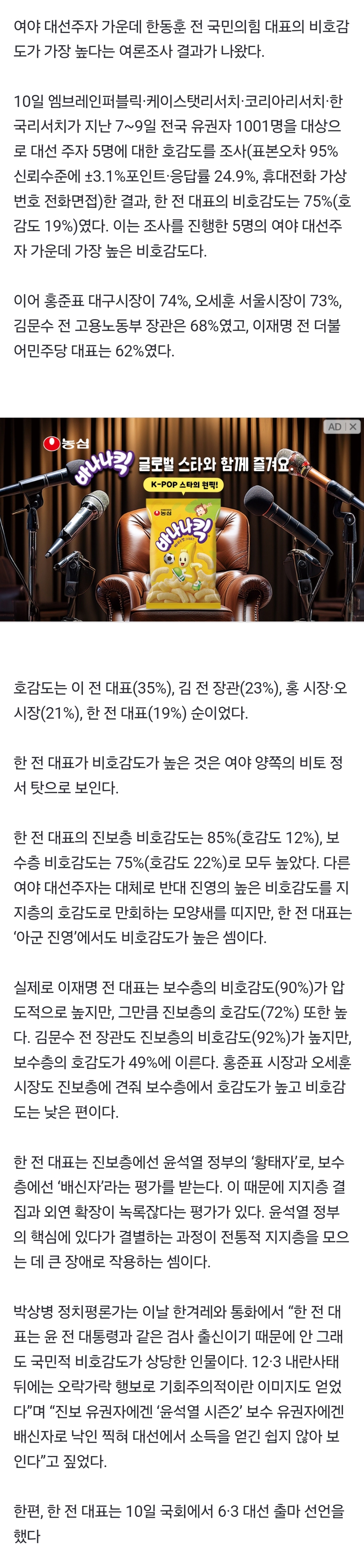 [정보/소식] 한동훈 대선 출마날 '비호감 1위'…홍준표>오세훈>김문수 뒤이어 | 인스티즈