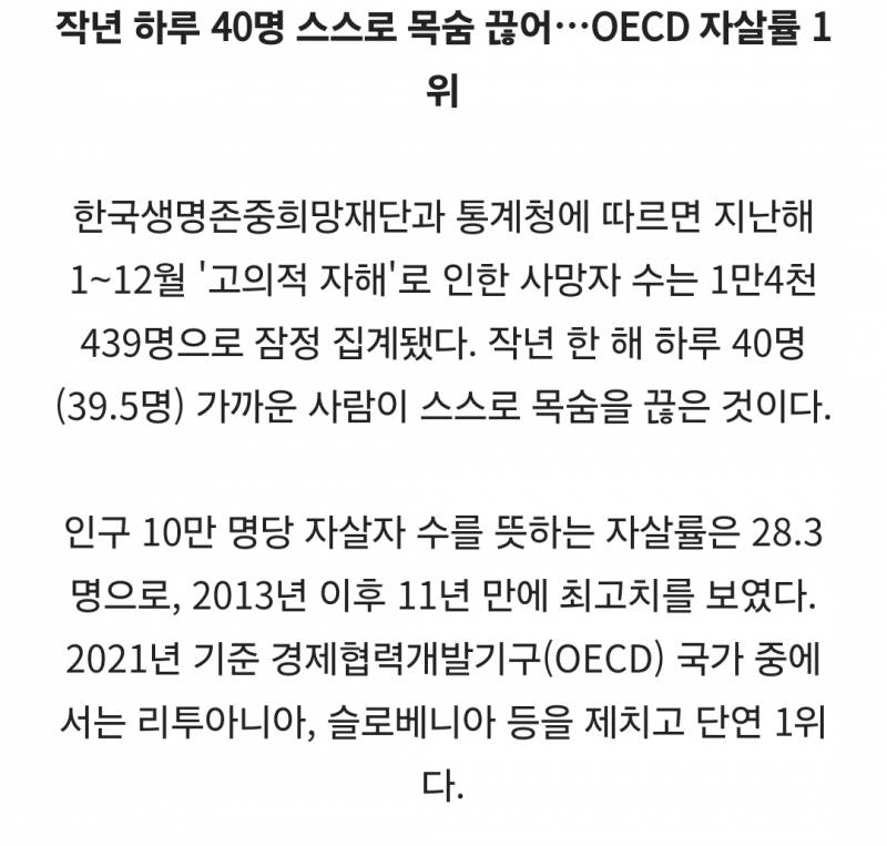 [잡담] 우리나라 자살률은 진짜 충격이긴함 | 인스티즈