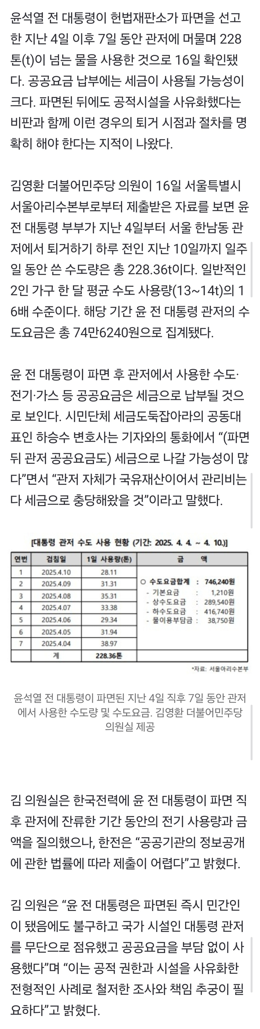[정보/소식] [단독] 윤석열 파면 후 관저에서 쓴 수도량, 228톤···"관저 무단점유해 공공요금 사용” | 인스티즈