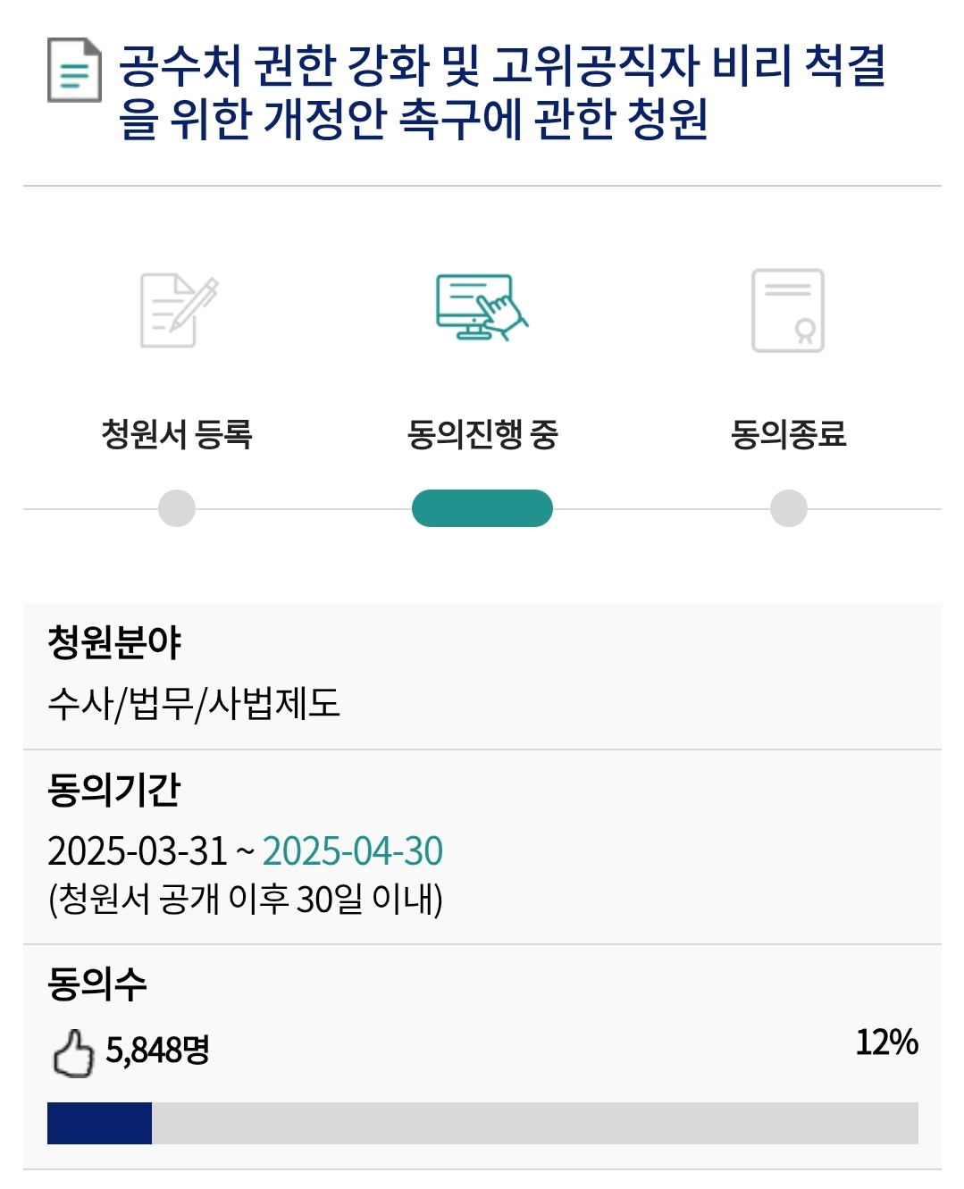 [잡담] 공수처 권한 강화 청원 30일까진데 12퍼밖에 안됨 | 인스티즈