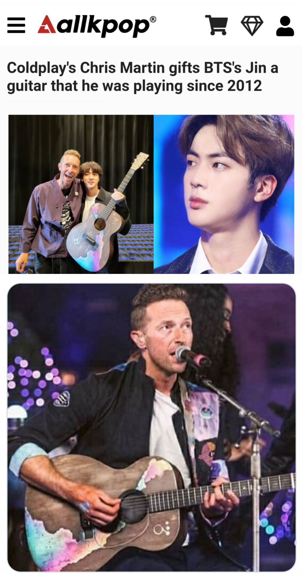 [잡담] 크리스마틴은 방탄 진한테 아끼던 기타 선물했자나 | 인스티즈