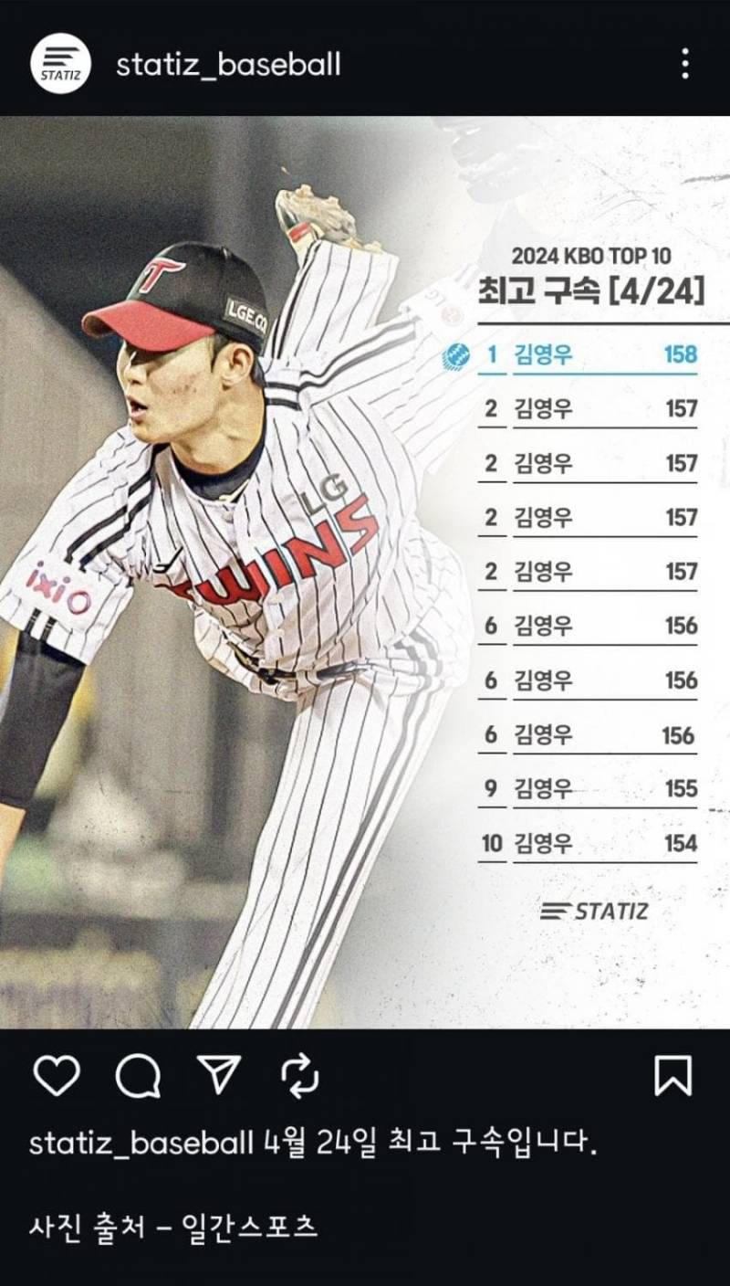 [잡담] 우리팀 선수가 구속 순위 줄세운거 처음봐... | 인스티즈