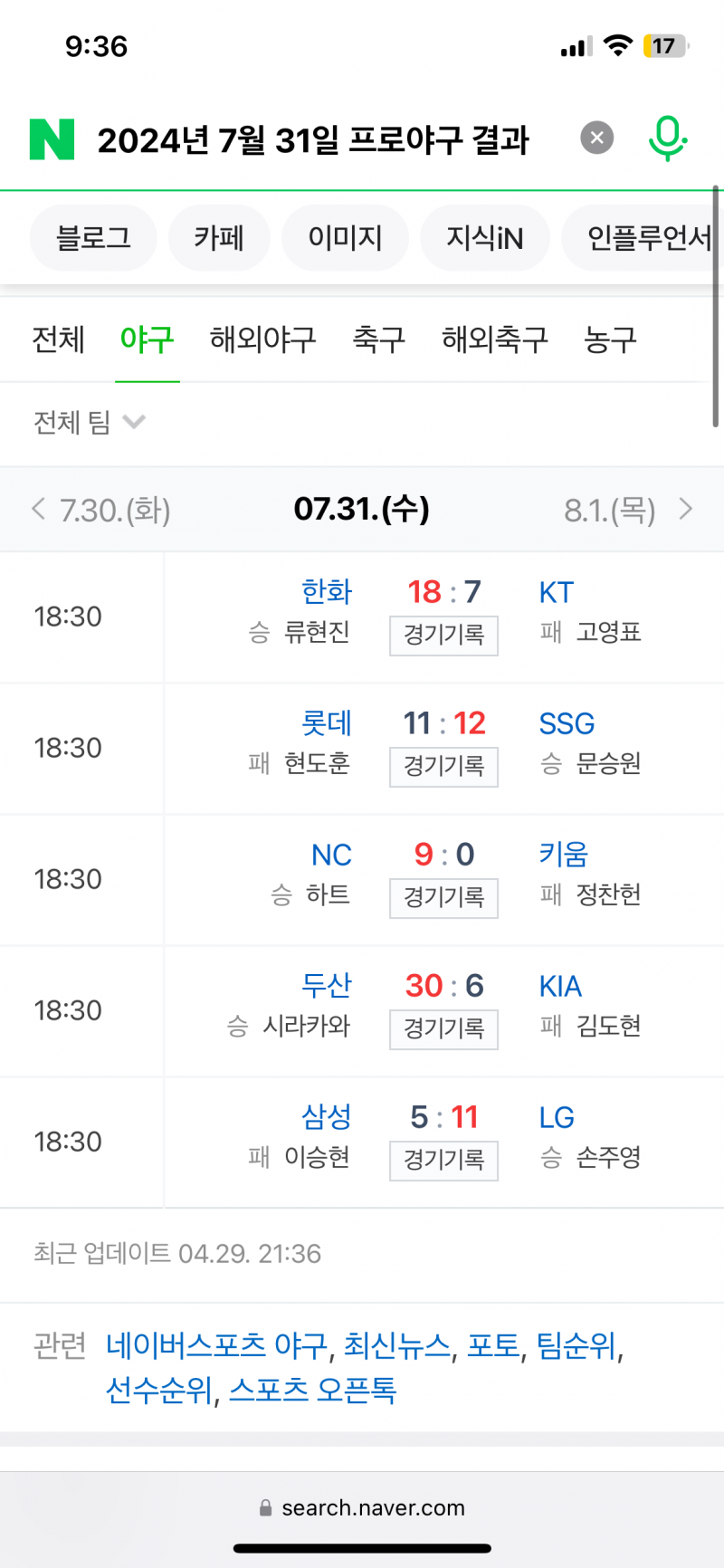 [잡담] 20점 콜드 물어본 쓰니인데 댓글보고 그날의 경기 찾아봄 | 인스티즈