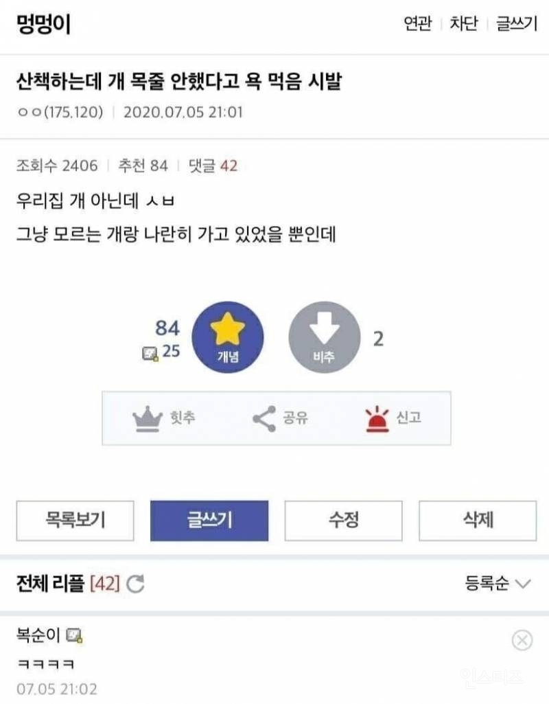 개 목줄 안했다고 욕먹음 | 인스티즈