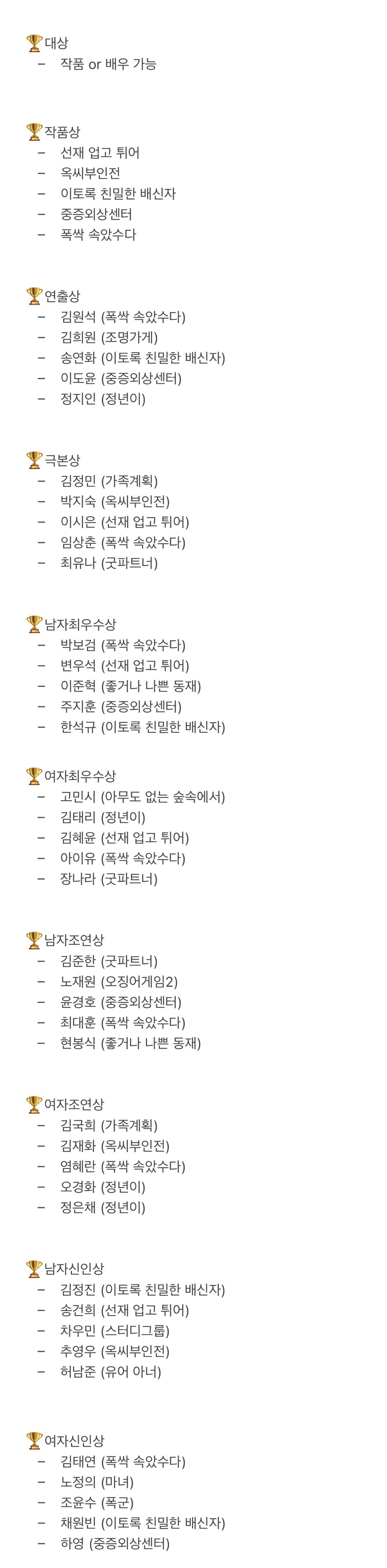 [잡담] 🏆백상예술대상 수상 궁예해보자🏆 | 인스티즈