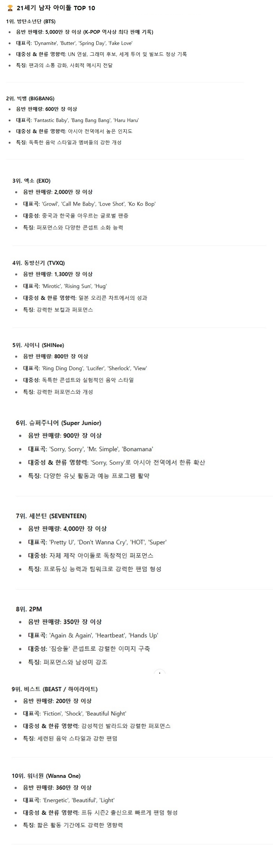 [정보/소식] 21세기 남녀아이돌 TOP10, 메가히트곡 TOP10 | 인스티즈