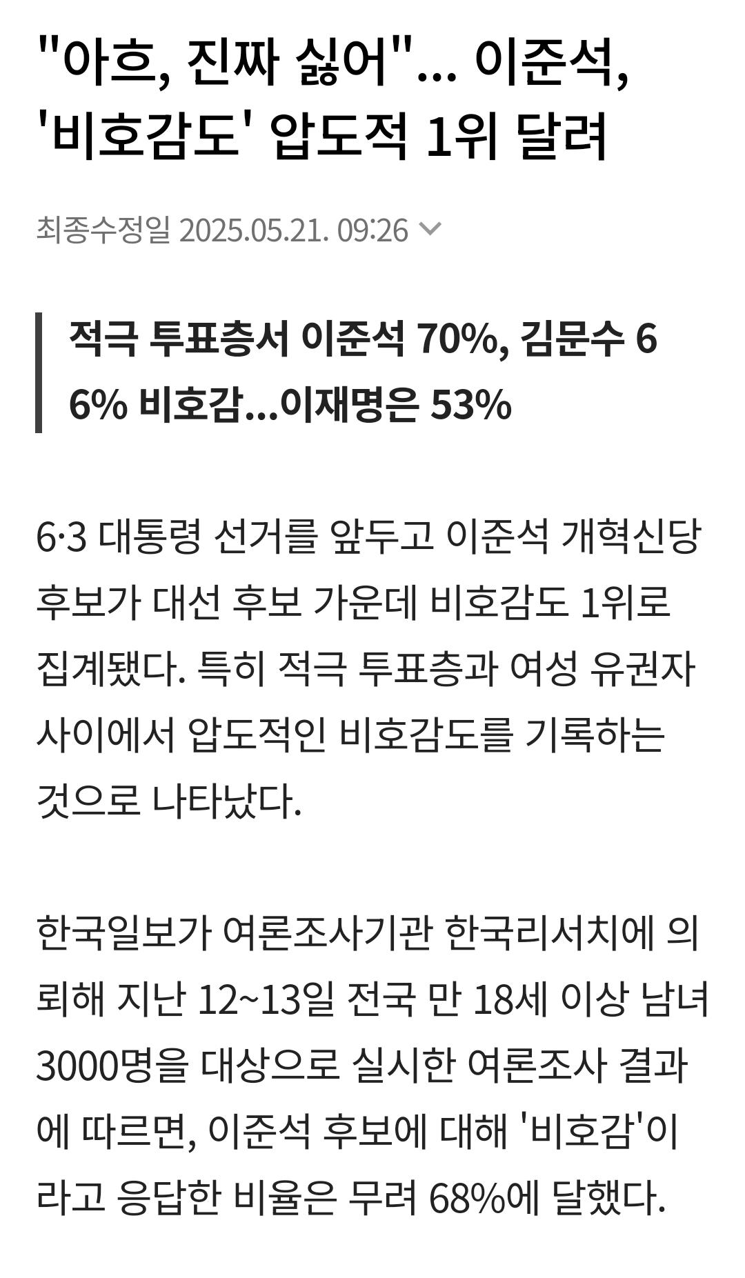 [정보/소식] "아흐, 진짜 싫어"... 이준석, '비호감도' 압도적 1위 달려 | 인스티즈