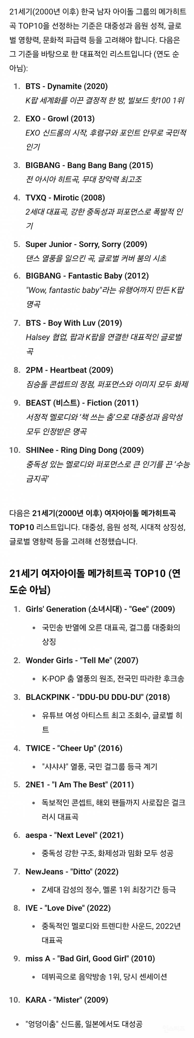 21세기 케이팝 남녀아이돌 메가히트곡 TOP10 | 인스티즈