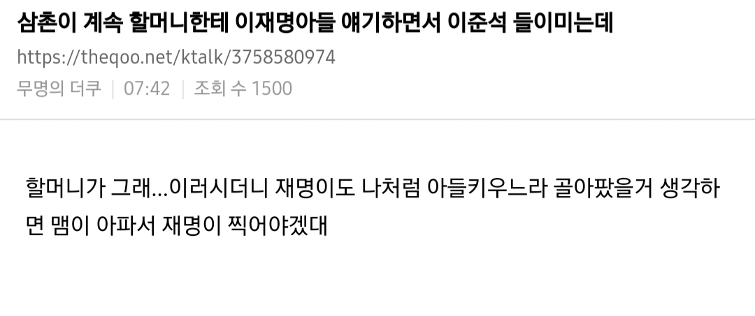 [잡담] 삼촌이 계속 할머니한테 이재명아들 얘기하면서 이준석 들이미는데.... | 인스티즈