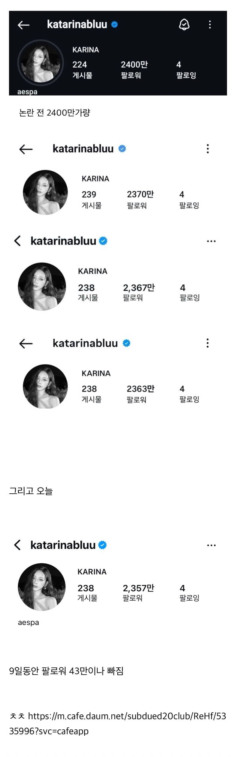 계속 빠지고 있다는 카리나 인스타 팔로워.JPG | 인스티즈