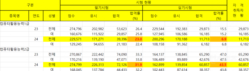 컴퓨터활용능력1급 실기 합격률 6.9% | 인스티즈