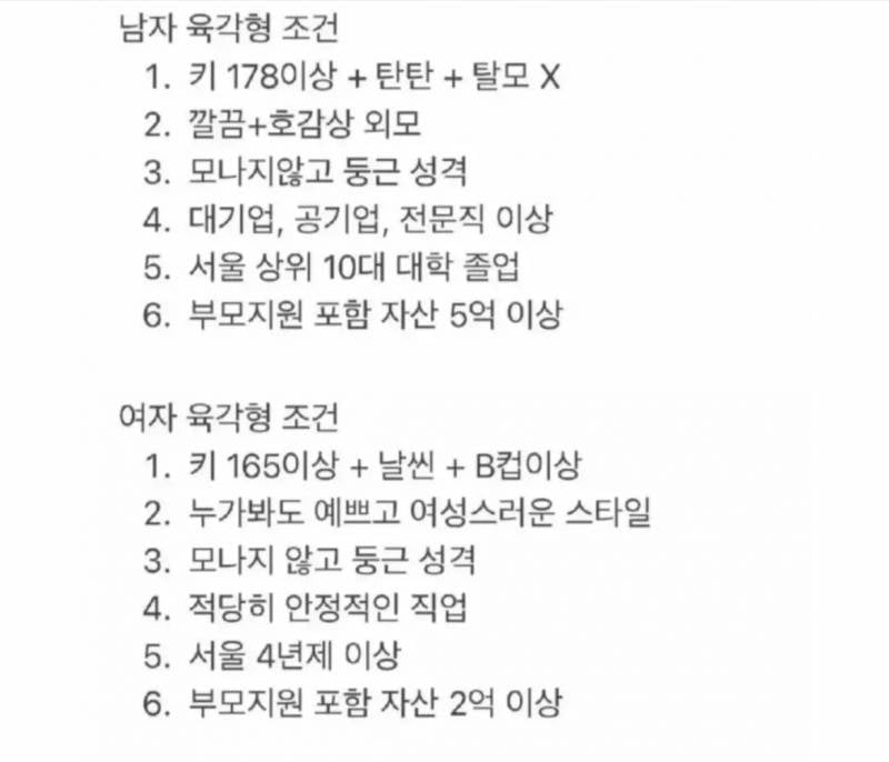 남녀 육각형 조건 공개됐다 | 인스티즈