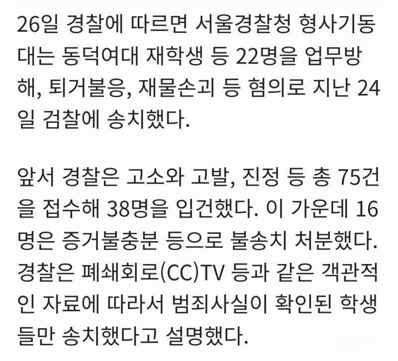 동덕여대 점거 학생 22명 검찰 송치 | 인스티즈