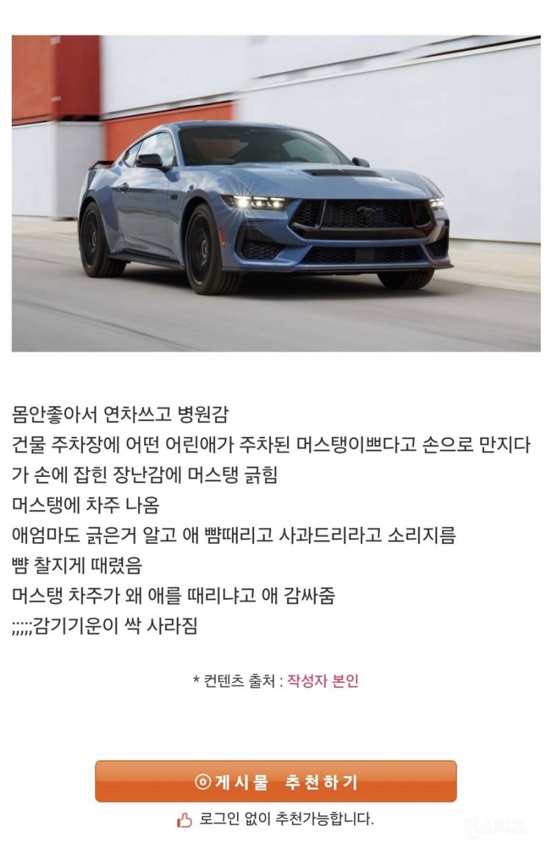 차 긁힌 머스탱 차주가 애엄마랑 싸움 | 인스티즈