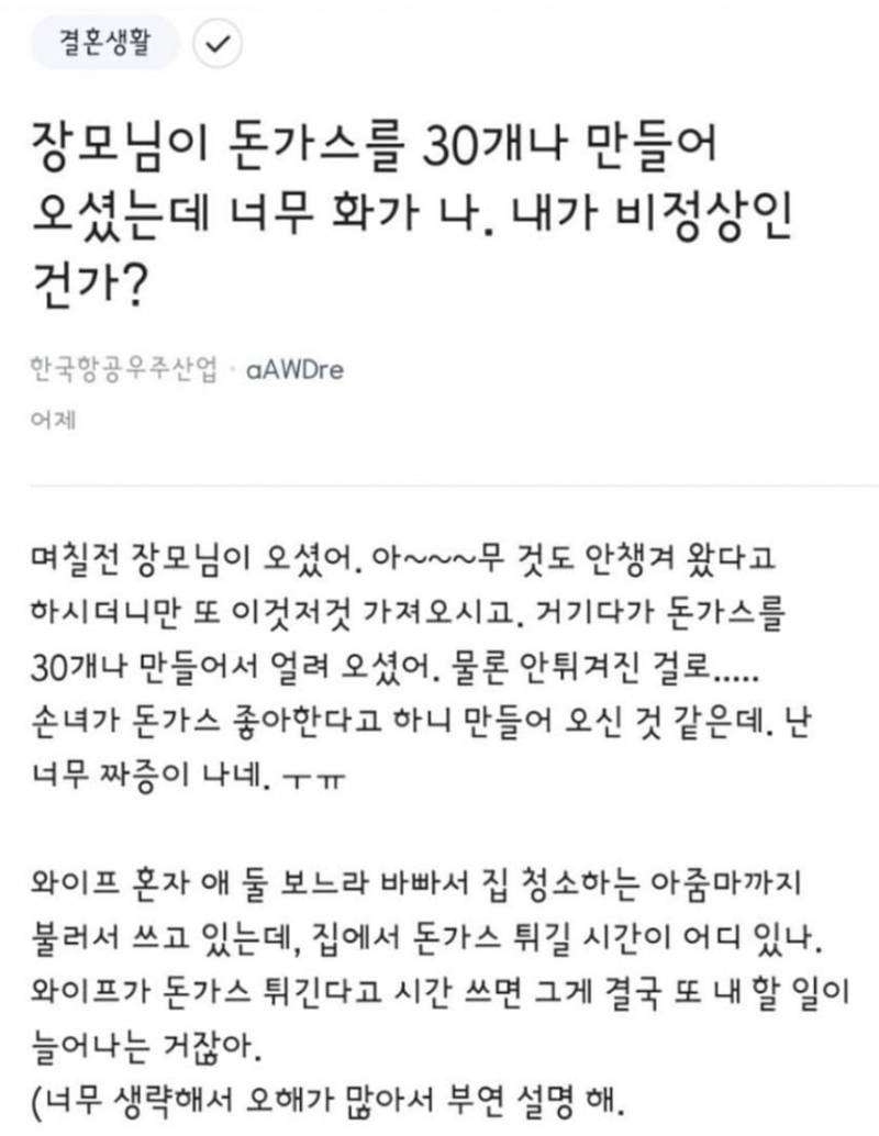 돈까스 30장 만들어온 장모님 | 인스티즈