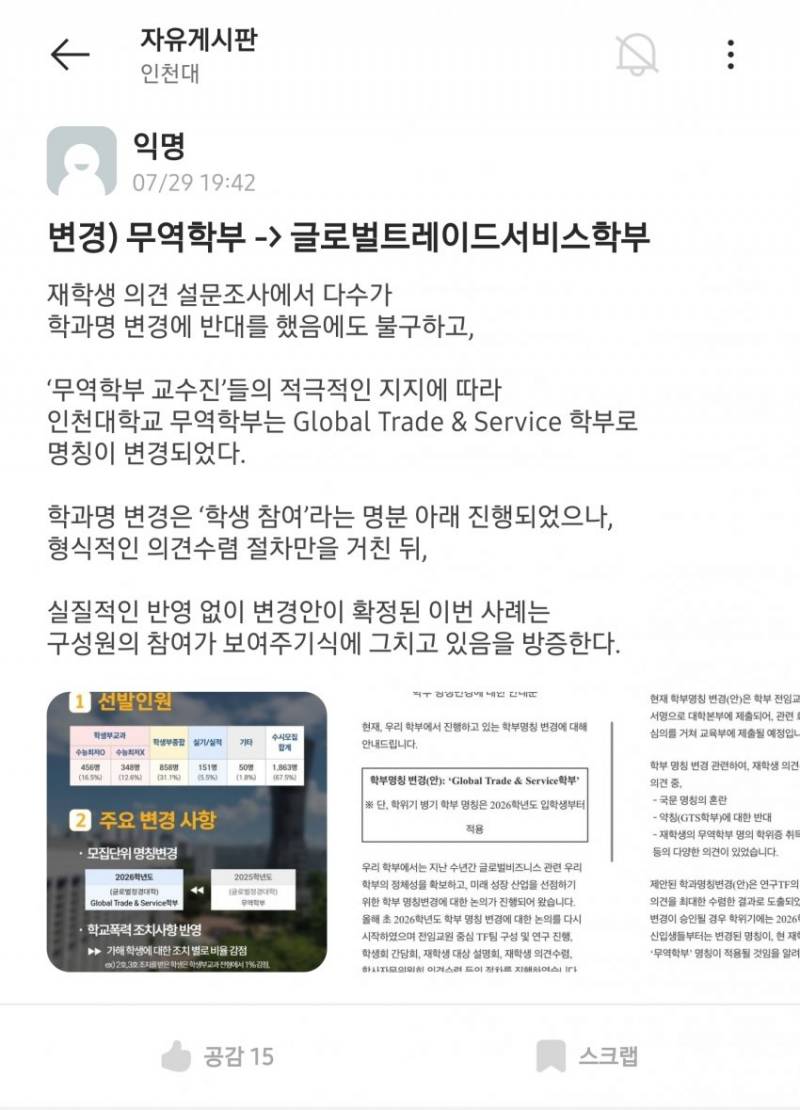 [잡담] 내년부터 학부 명칭 바뀌는데 재학생한테 반응 안좋은곳이래 | 인스티즈