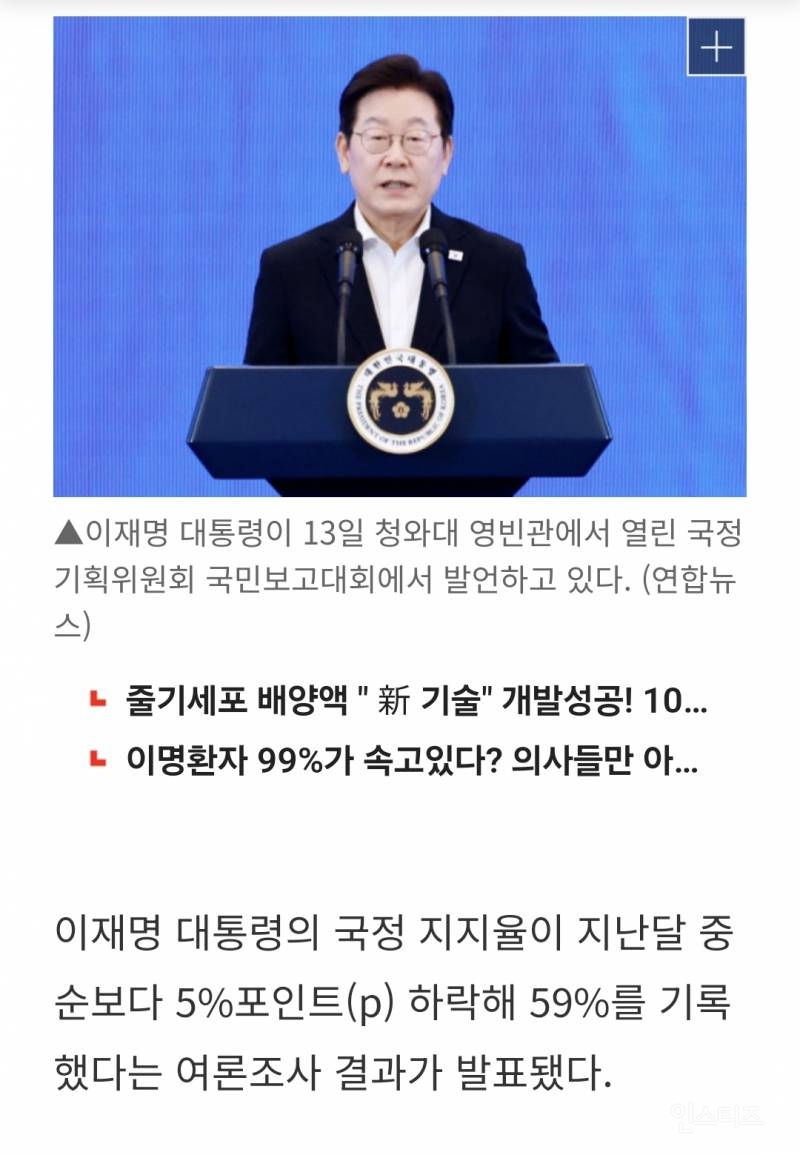 李 대통령 지지율 59%…'특별 사면' 여파에 5%p | 인스티즈