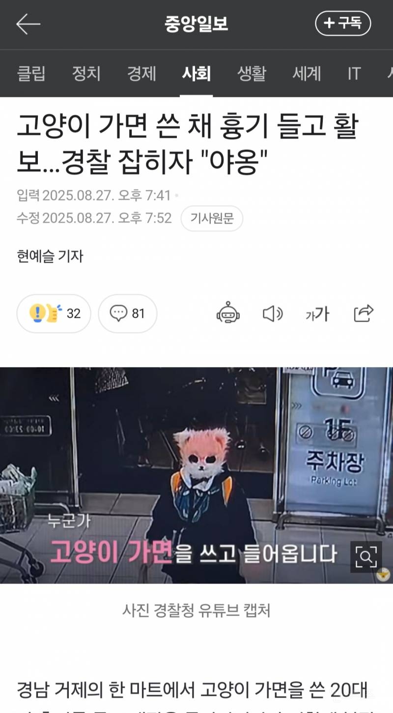 거제 마트에서 고양이가면쓴 20대여성 흉기난동, 경찰에 잡히자 "야옹" | 인스티즈