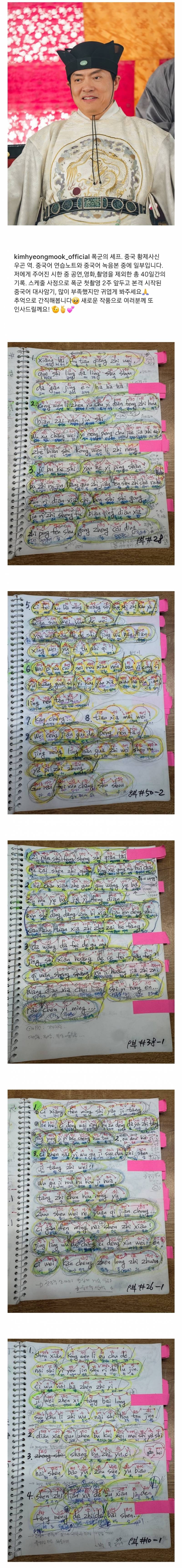 '폭군의셰프' 중국 황제사신 우곤 역 김형묵 배우가 공개한 중국어 연습 노트ㄷㄷ | 인스티즈