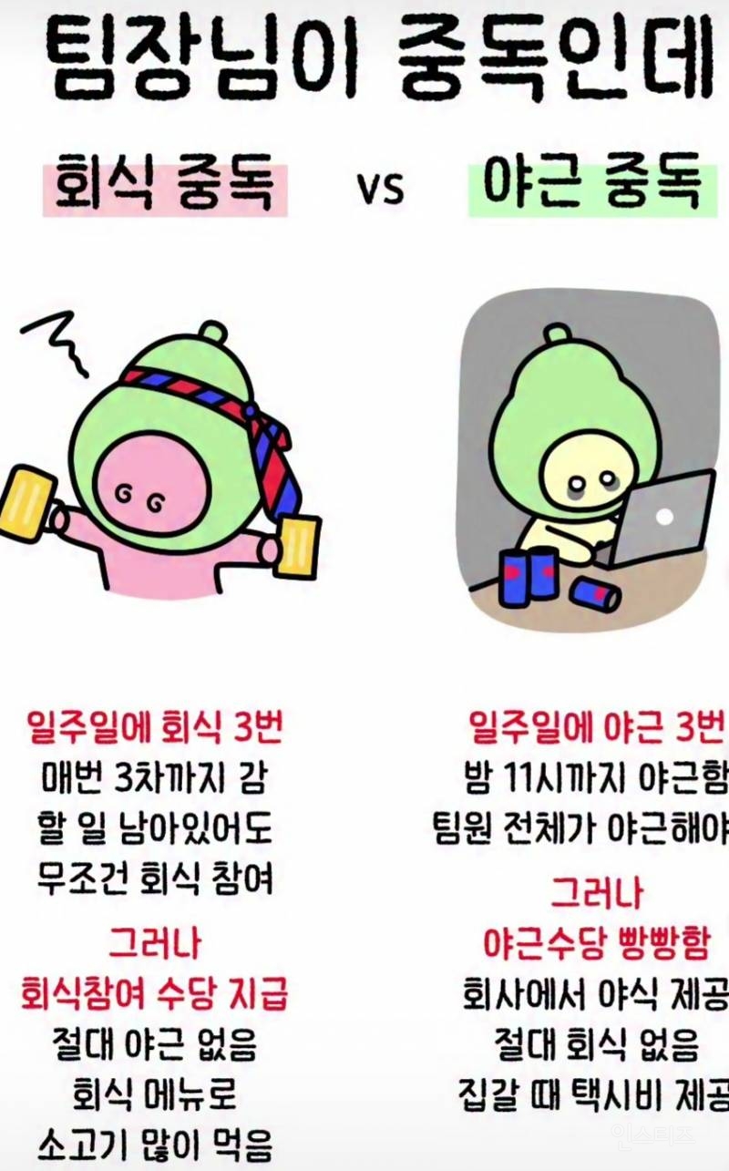 팀장님이 중독인데 회식중독 vs 야근중독 선택은? | 인스티즈