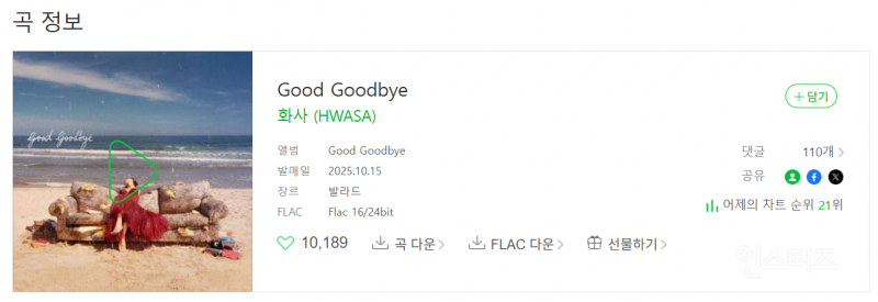 화사 <Good Goodbye> 누적 스트리밍 수 100만 & 하트 1만 돌파 | 인스티즈