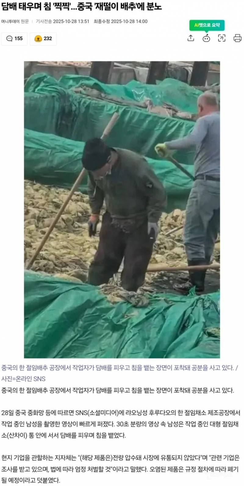 담배 태우며 침 '찍찍'…중국 '재떨이 배추'에 분노 | 인스티즈
