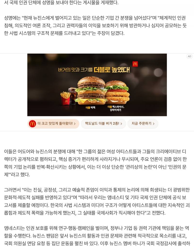 뉴진스 팬덤, 소송 패소에도…"국제 인권단체 앰네스티에 성명서 제출" | 인스티즈