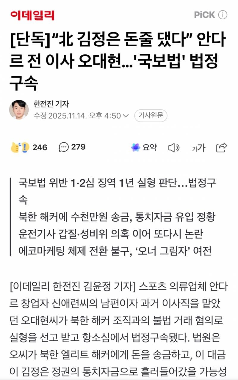 [단독] "北 김정은 돈줄 댔다” 안다르 전 이사 오대현…'국보법' 법정구속 | 인스티즈